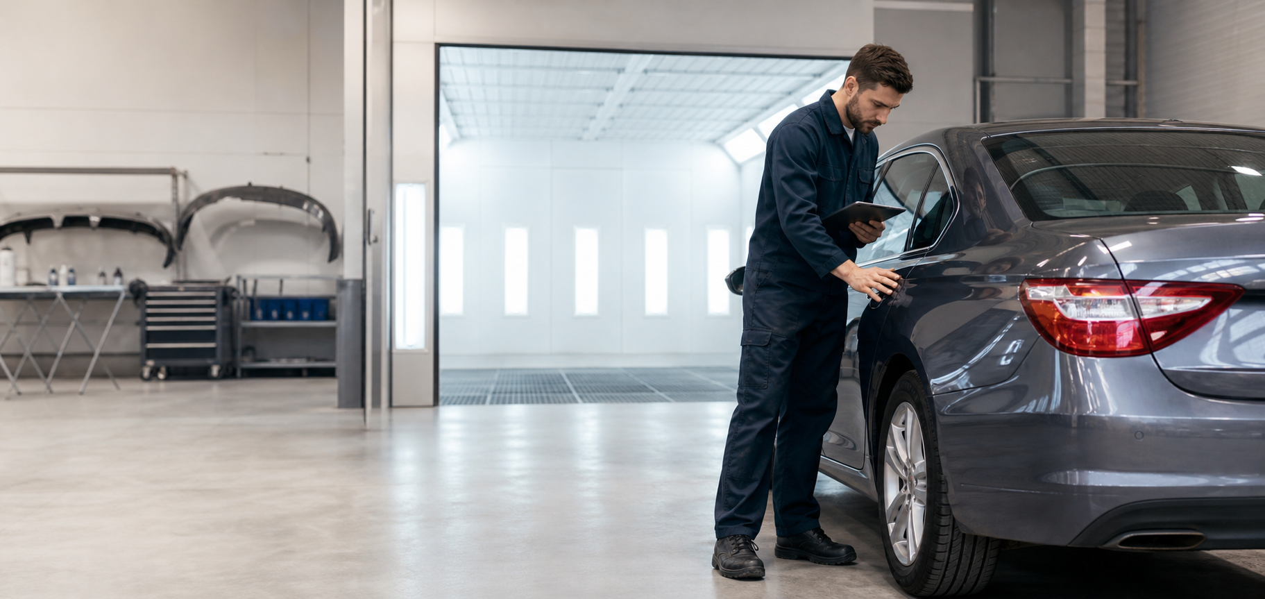 An auto body technician checking repair progress in a shop bay.