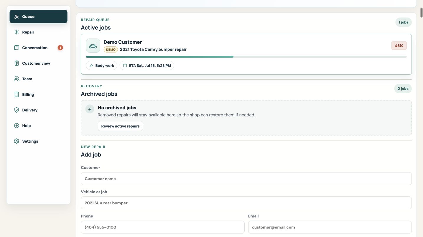The real StatusLine Queue dashboard showing an active repair, its completion percentage, current stage and ETA, archived jobs, and the new repair form.